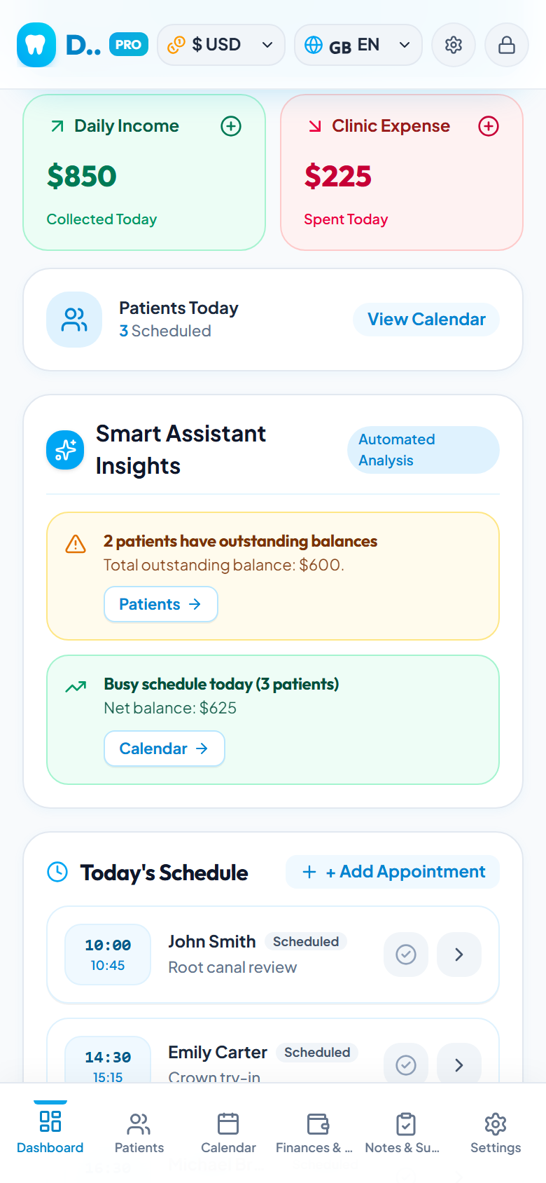 Dashboard di DentaX con entrate, uscite e agenda di oggi
