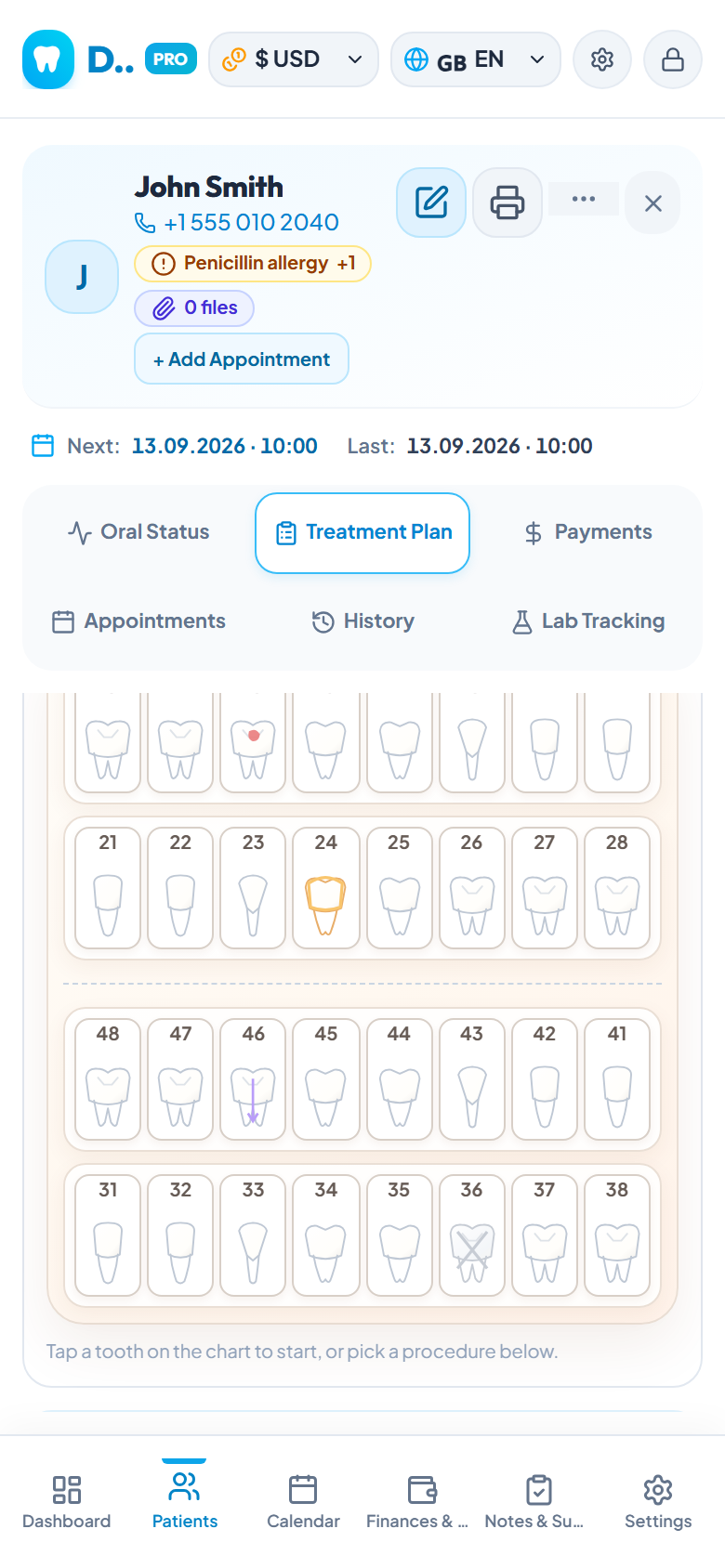 Schema dentale del piano di cura visivo di DentaX